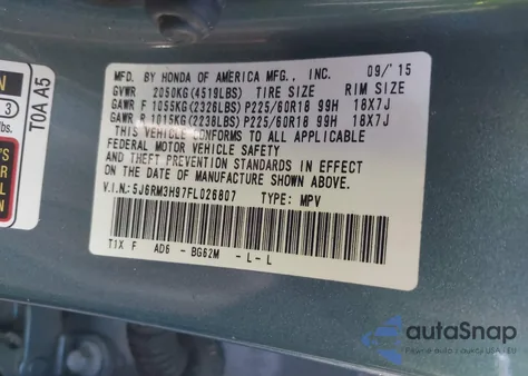 2015 Honda Cr-V Touring z USA, uszkodzony, nr VIN 5J6RM3H97FL026807